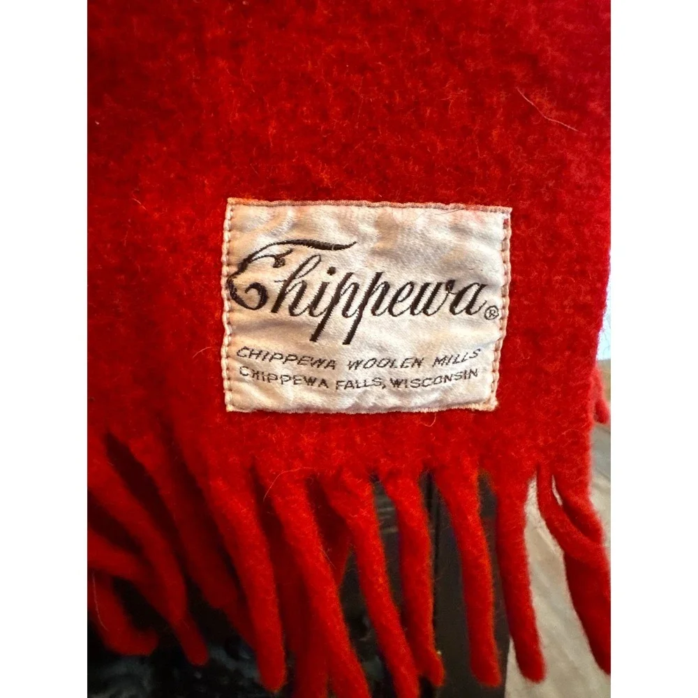 Vintage Chippewa Woolen Mills Red Plaid Wool Blanket Fringe 54x56 Made in USA